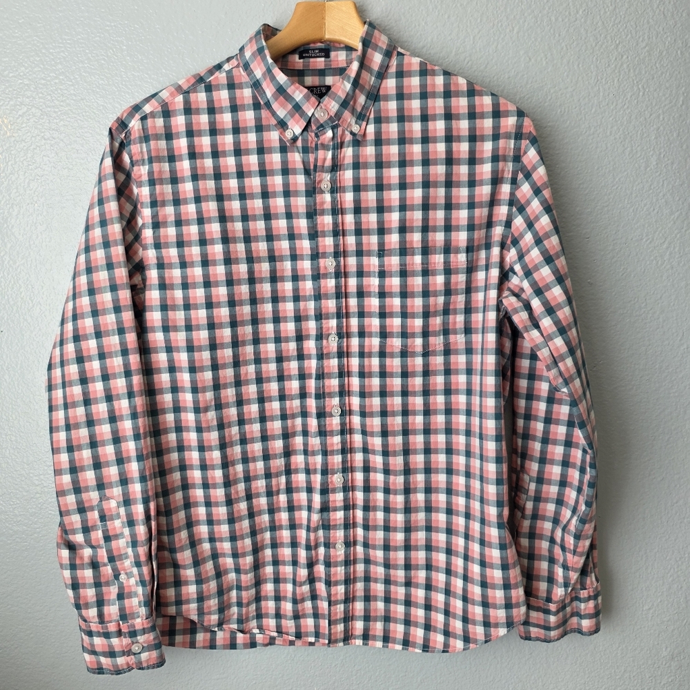 J.Crew Flex Washed Slim Untucked Plaid Shirt L Pink.